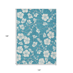 10' X 14' Turquoise Ivory And Gray Floral Washable Indoor Outdoor Area Rug