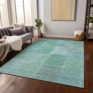 10' X 14' Teal Blue Sage And Green Patchwork Washable Indoor Outdoor Area Rug
