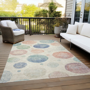 10' X 14' Ivory And Peach Geometric Washable Indoor Outdoor Area Rug