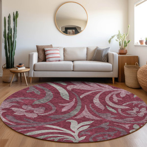 8' Red Gray And Silver Round Floral Washable Indoor Outdoor Area Rug