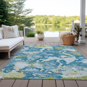 10' X 14' Denim Blue And Olive Green Abstract Washable Indoor Outdoor Area Rug