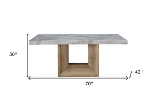 70" White and Natural Faux Marble and Wood Pedestal Base Dining Table
