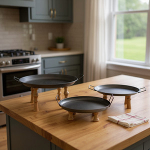 Set of Three Black And Brown Wood And Metal Round Riser Trays With Handles