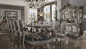 Set of Two Silver and Platinum Upholstered Faux Leather And Solid Wood King Louis Back Dining Side Chairs