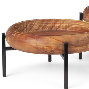 Set of Two Brown Solid Wood Handmade Round Serving Trays With Stands - 880016669268