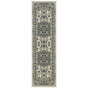 2' X 8' Ivory and Blue Oriental Stain Resistant Indoor Outdoor Area Rug