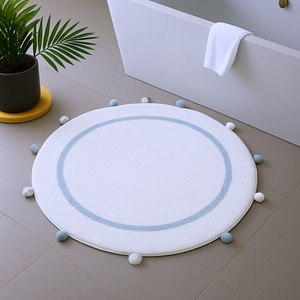 32" Baby Blue And White Cotton Round Geometric Bath Rug