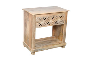 28" Natural Solid Wood Carved Geometric One Drawer Nightstand