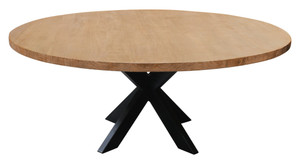 60" Natural And Black Rounded Solid Wood And Iron Pedestal Base Dining Table
