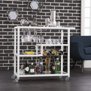 Gray and White Metal And Glass Rolling Bar Cart With Wine Storage - 608219274276