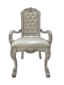 Set of Two Tufted White Upholstered Faux Leather And Wood Dining Arm Chairs - 880016622010