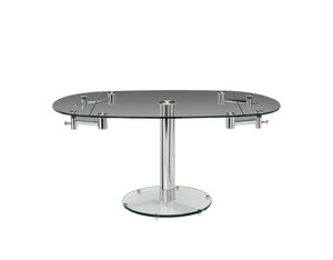 40" Clear and Silver Glass and Metal Self-Storing Leaf Motion Extendable Dining Table