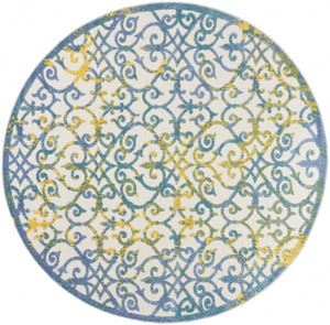 8' X 8' Ivory And Blue Round Damask Non Skid Indoor Outdoor Area Rug - 606114455226 8' X 8' Ivory And Blue Round Damask Non Skid Indoor Outdoor Area Rug - 606114455226