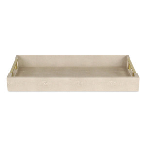 16" Cream Wood and Vinyl Faux Shagreen Serving Tray With Gold Handles - 608219060831