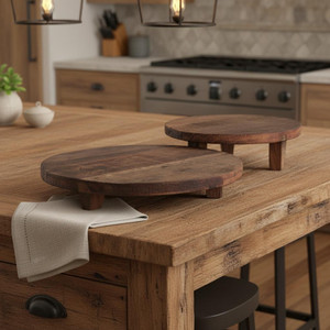 Set of Two Brown Reclaimed Wood Handmade Round Riser Trays