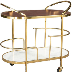32" Brown Gold And White Iron Solid Wood and Marble Oval Rolling Bar Cart