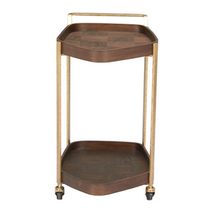 27" Walnut And Brass Wood and Steel Rolling Bar Cart