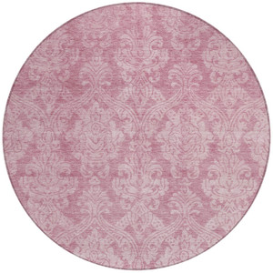 8' Pink And Ivory Round Damask Washable Indoor Outdoor Area Rug - Pink, Ivory