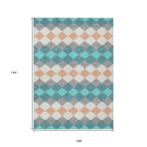9' X 12' Teal Blue Gray And Copper Geometric Washable Indoor Outdoor Area Rug