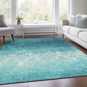 8' X 10' Teal Blue And Ivory Damask Washable Indoor Outdoor Area Rug - Teal Blue, Ivory
