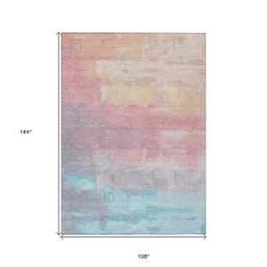 9' X 12' Salmon And Beige Abstract Washable Indoor Outdoor Area Rug