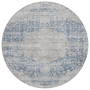 8' Blue And Ivory Round Oriental Washable Indoor Outdoor Area Rug
