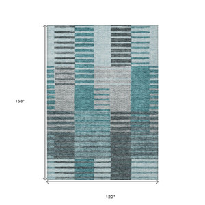 10' X 14' Teal Blue Aqua And Gray Striped Washable Indoor Outdoor Area Rug - Teal Blue, Aqua, Gray