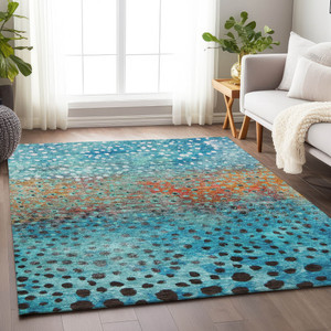 10' X 14' Blue Terra Cotta And Black Abstract Washable Indoor Outdoor Area Rug