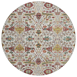 8' Ivory Red And Green Round Floral Washable Indoor Outdoor Area Rug