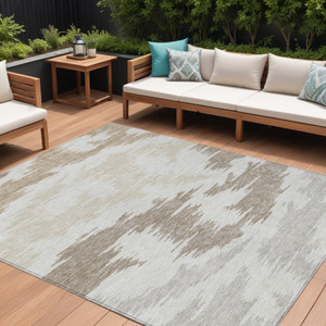 8' X 10' Ivory Beige And Brown Abstract Washable Indoor Outdoor Area Rug