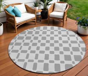 8' Gray And Ivory Round Geometric Washable Indoor Outdoor Area Rug Transitional Style - Gray, Ivory Color