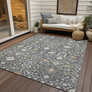 10' X 14' Charcoal Ivory And Green Oriental Washable Indoor Outdoor Area Rug
