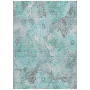 9' X 12' Teal Blue And Gray Floral Washable Indoor Outdoor Area Rug - Teal Blue, Gray