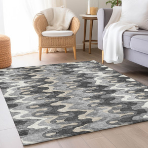 9' X 12' Gray Silver And Charcoal Abstract Washable Indoor Outdoor Area Rug - 608219144067