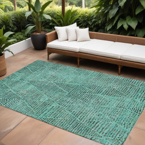 8' X 10' Teal Blue And Charcoal Geometric Washable Indoor Outdoor Area Rug
