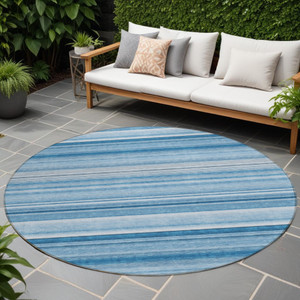 8' Round Blue Round Striped Washable Non Skid Indoor Outdoor Area Rug