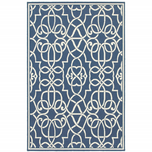 8' X 11' Blue and Ivory Geometric Stain Resistant Indoor Outdoor Area Rug