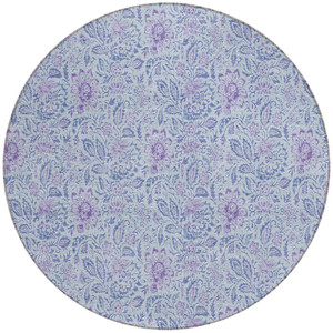 8' Sky Blue And Purple Round Floral Washable Indoor Outdoor Area Rug