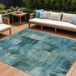 8' X 10' Teal Blue And Pale Aqua Abstract Washable Indoor Outdoor Area Rug - Teal Blue, Pale Aqua