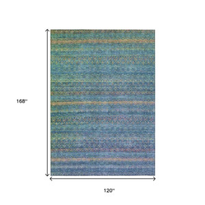 10' X 14' Teal Blue And Copper Striped Washable Indoor Outdoor Area Rug