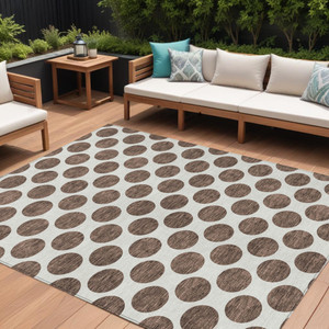 9' X 12' Brown And Ivory Polka Dot Washable Indoor Outdoor Area Rug