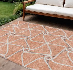 9' X 12' Salmon And Ivory Geometric Washable Indoor Outdoor Area Rug Contemporary Style - Salmon, Ivory Color