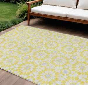 8' X 10' Yellow Ivory And Gray Floral Medallion Washable Indoor Outdoor Area Rug