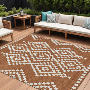 9' X 12' Terra Cotta And Ivory Geometric Washable Indoor Outdoor Area Rug - Terra Cotta, Ivory