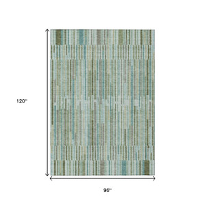8' X 10' Artichoke Green And Teal Blue Striped Washable Indoor Outdoor Area Rug