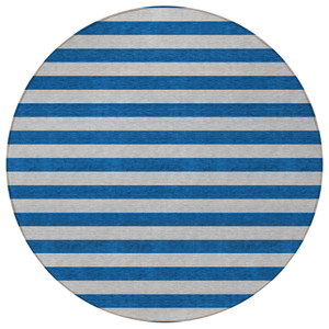 8' Round Blue and Ivory Round Striped Washable Non Skid Indoor Outdoor Area Rug