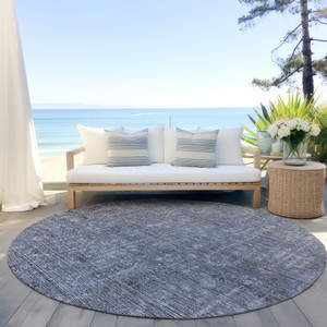 8' Navy Blue And Gray Round Southwestern Washable Indoor Outdoor Area Rug
