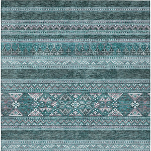 9' X 12' Teal Blue Ivory And Gray Southwestern Washable Indoor Outdoor Area Rug