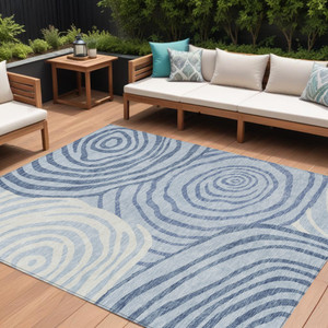 8' X 10' Sky Blue Denim Blue And Ivory Abstract Washable Indoor Outdoor Area Rug - Sky Blue, Denim Blue, Ivory