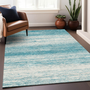 9' X 12' Teal Blue And Ivory Striped Washable Indoor Outdoor Area Rug - Teal Blue, Ivory